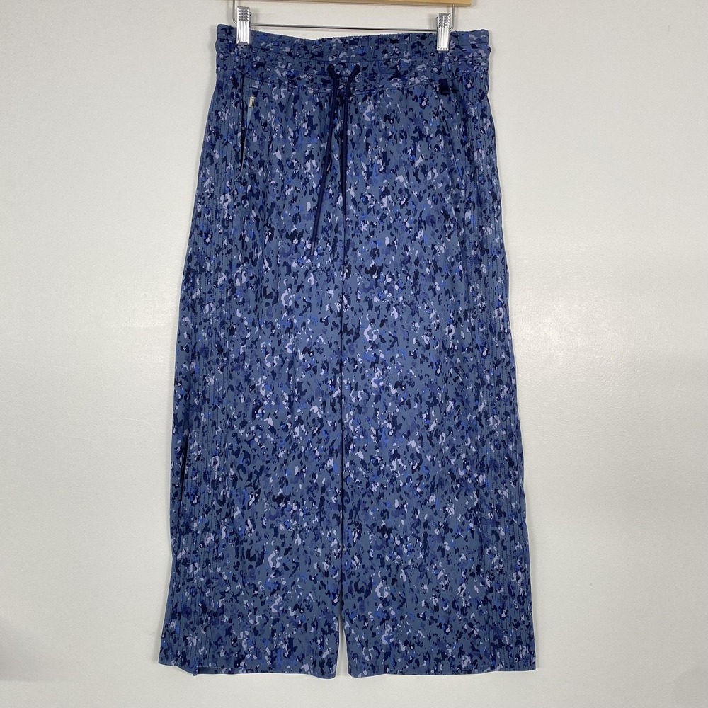 Athleta Avenue Wide Leg Crop Pants Womens 8 Blue Camo Elastic Waist Drawstring